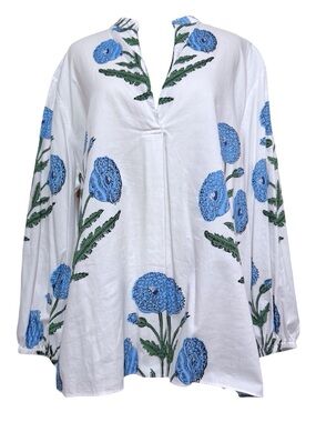 Patty Kim White Blue Black Floral Block Print Cotton Blouse Puff Sleeves XLARGE